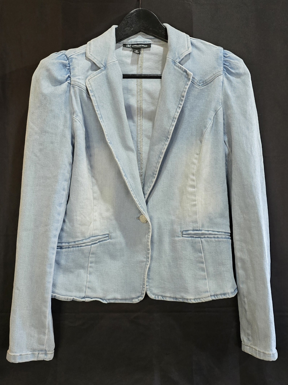 INC Light Wash Denim Puff Sleeve Fitted Blazer